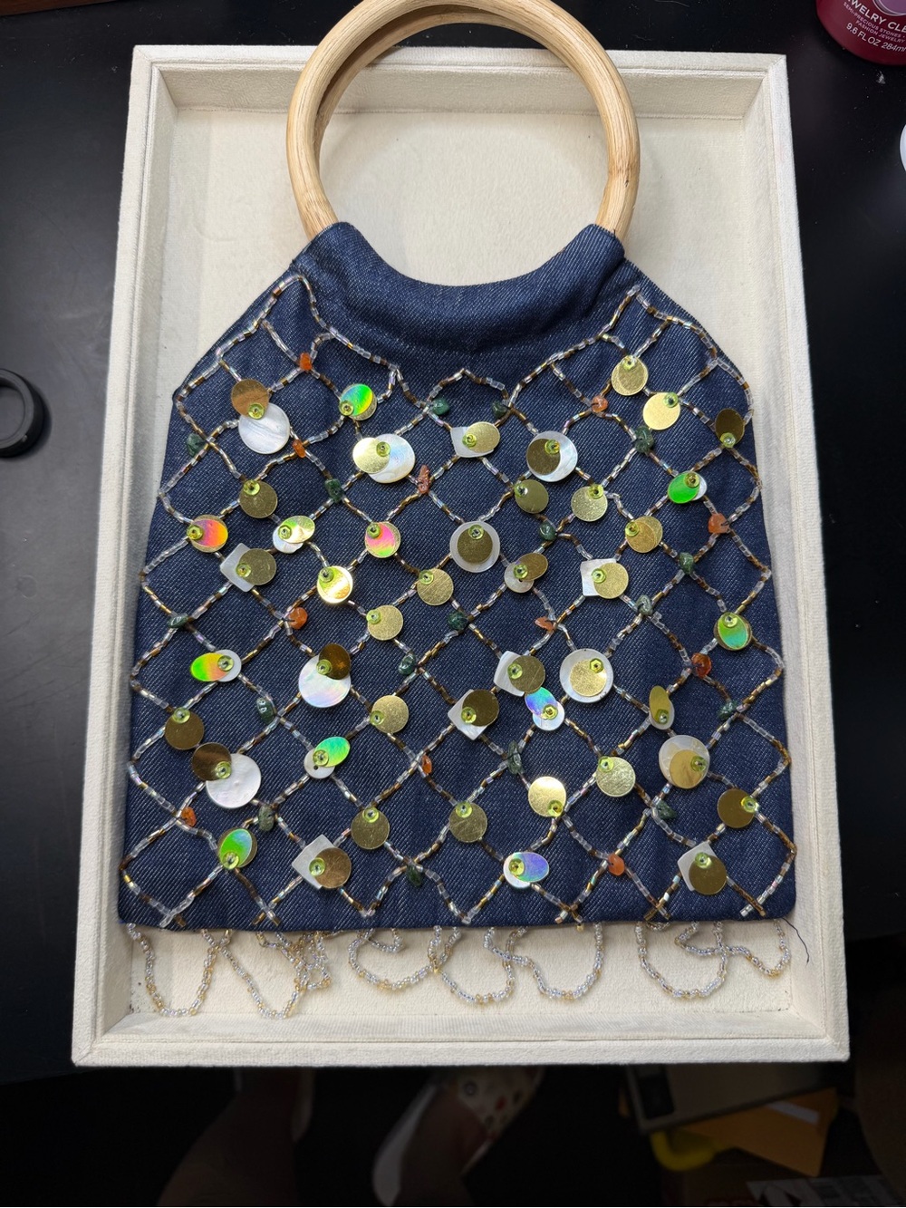 Wood-Handle Navy Sequin Embellished Women’s Handbag